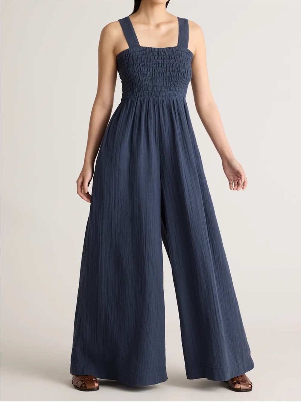 Quince 100% Organic Cotton Gauze Smocked Wide Leg Jumpsuit Indigo Blue-Medium
